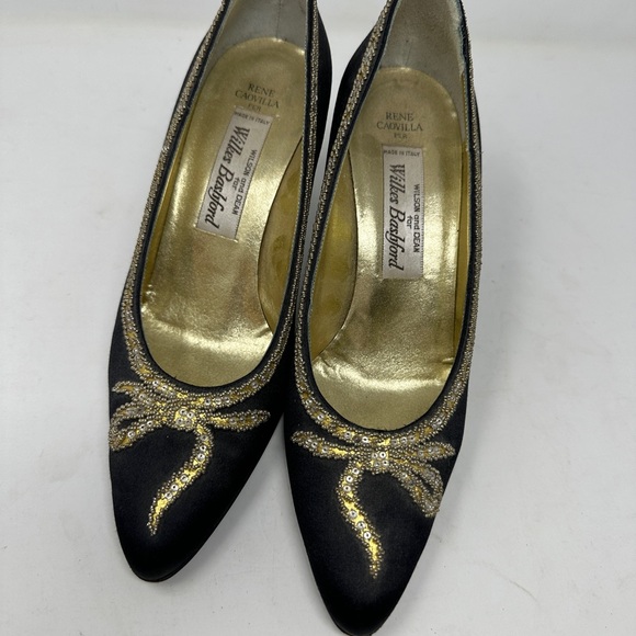 Rene Caovilla Wilkes Bashford Italy  Pump Heels Black Gold Satin Crystal Size 8 - Picture 4 of 14